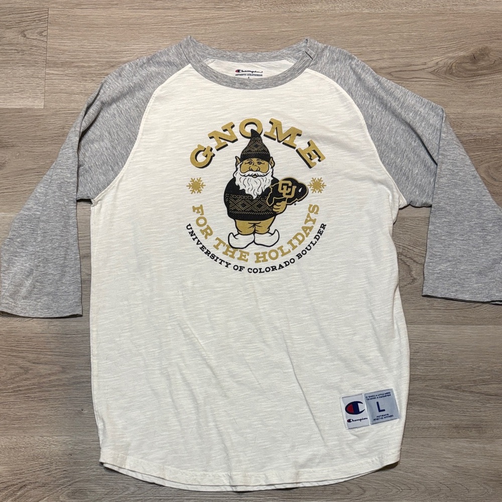 Champion CU Boulder Gnome for the Holidays Baseball Style T Shirt